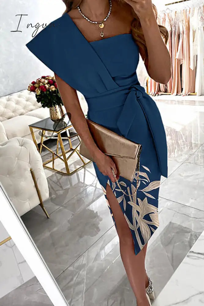 Ingvn - Casual Print Split Joint One Shoulder Pencil Skirt Dresses(4 colors)