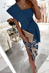 Ingvn - Casual Print Split Joint One Shoulder Pencil Skirt Dresses(4 colors)
