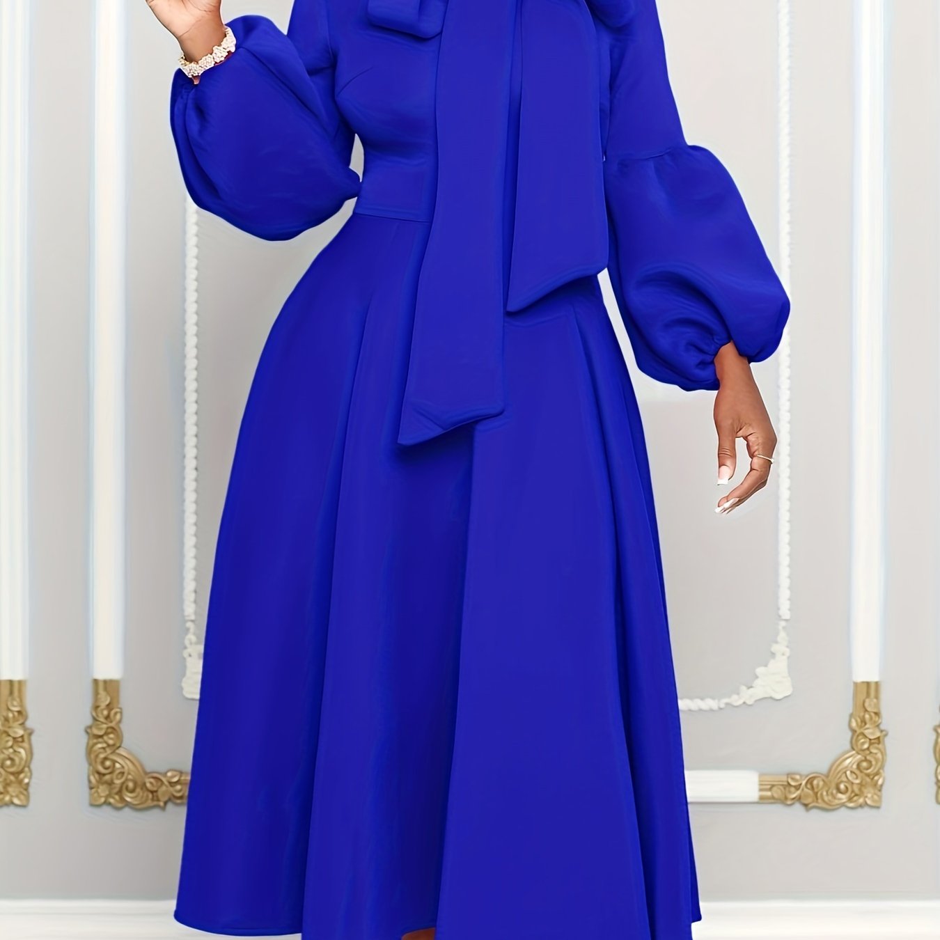 Solid Color Tie Neck Aline Dress, Elegant Ruffle Trim Lantern Sleeve Dress For Spring & Fall, Women's Clothing
