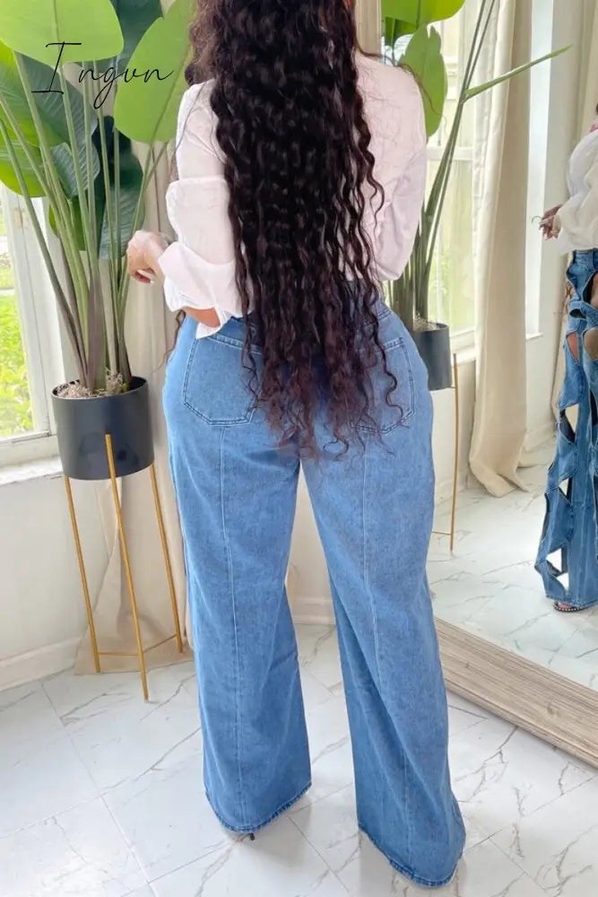 Ingvn - Casual Solid Hollowed Out Patchwork High Waist Regular Denim Jeans