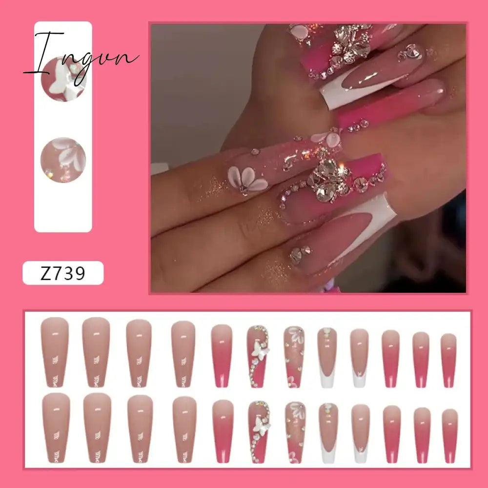 24pcs/Box Gradient Nail Art Patches False Nails Short Square Nail Blue Starry Glitter Teardrop Diamond Fake Nail Tips