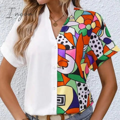 Ingvn - Women Tops Fashion Patchwork Color Shirt 2023 New Summer Short Sleeve Blouse V-neck Casual Loose Clothes Blusa Mujer 26456