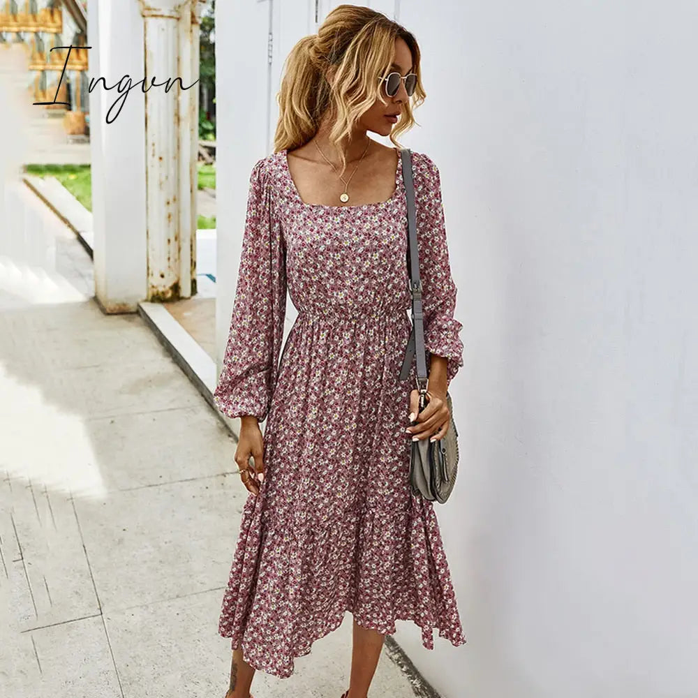 Ingvn - Women Long Dress Autumn Winter Long Sleeve Elegant Ladies Flower Square Collar Dresses Party Black Clothes For Woman