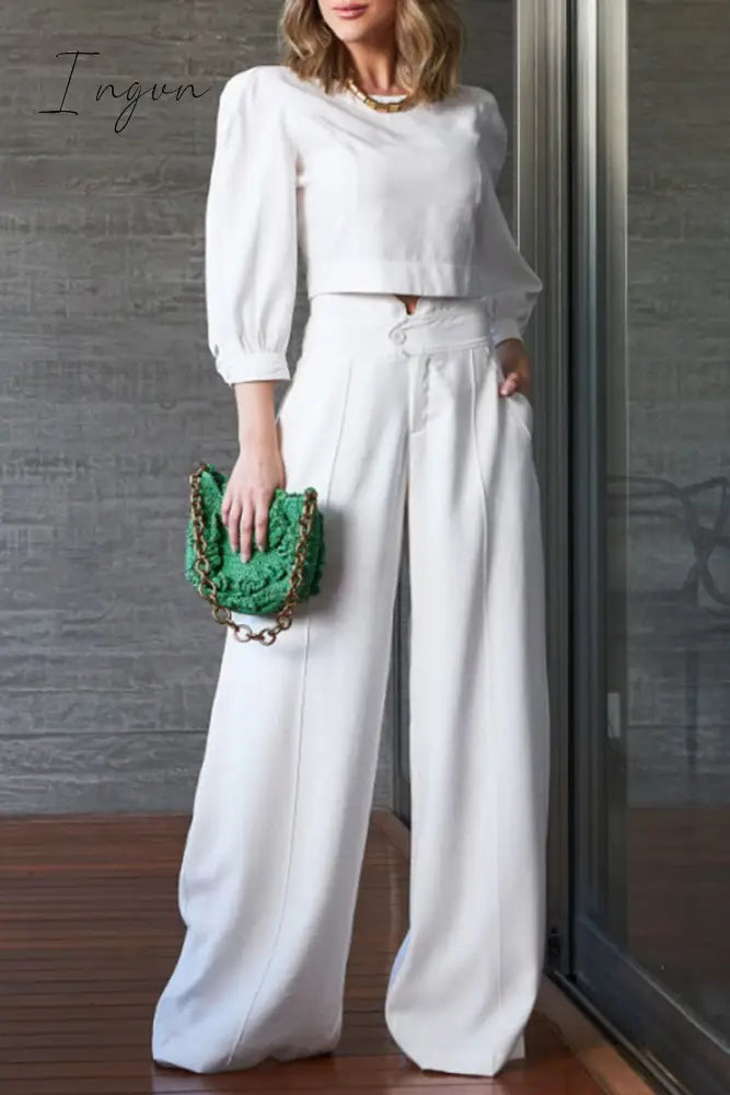 Ingvn - Elegant Solid Pocket O Neck Long Sleeve Two Pieces