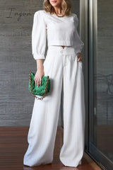 Ingvn - Elegant Solid Pocket O Neck Long Sleeve Two Pieces