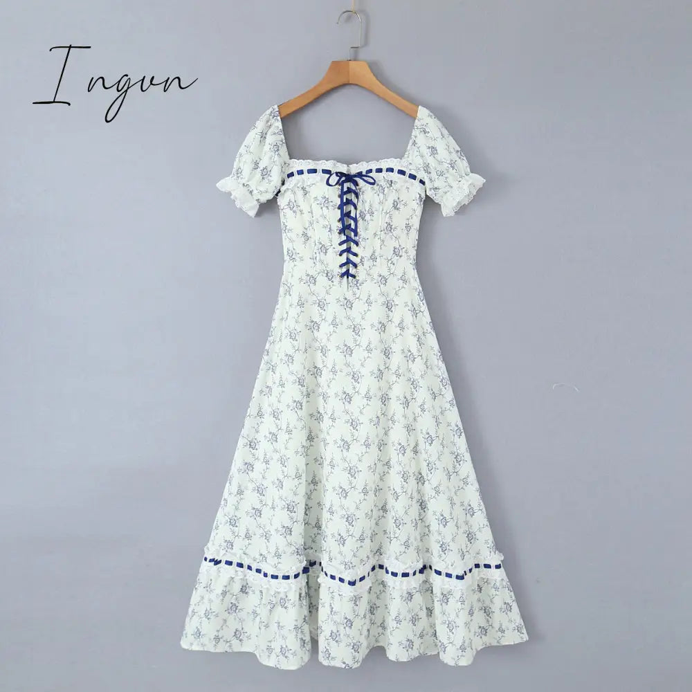 Ingvn - New Summer Print Plaid Short Sleeve Square Collar High Waist Lace-up Holiday Vocation Beach Long Women Dress