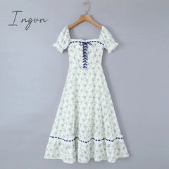 Ingvn - New Summer Print Plaid Short Sleeve Square Collar High Waist Lace-up Holiday Vocation Beach Long Women Dress