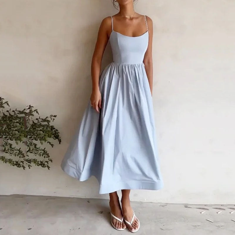 Women's Trade Summer New Solid Color Sexy U-collar Waist Pleated Sling dress