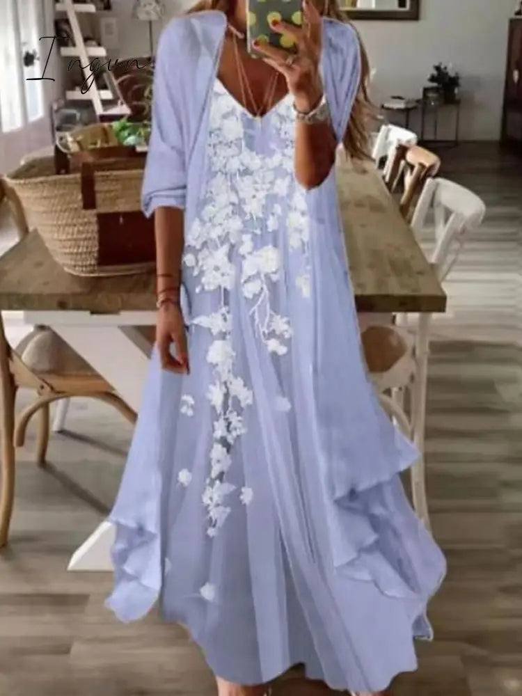Ingvn - Women's Casual Dress Dress Set Two Piece Dress Long Dress Maxi Dress Purple Brown Green Half Sleeve Flower Print Summer Spring V Neck Fashion Vacation 2023 S M L XL XXL 3XL