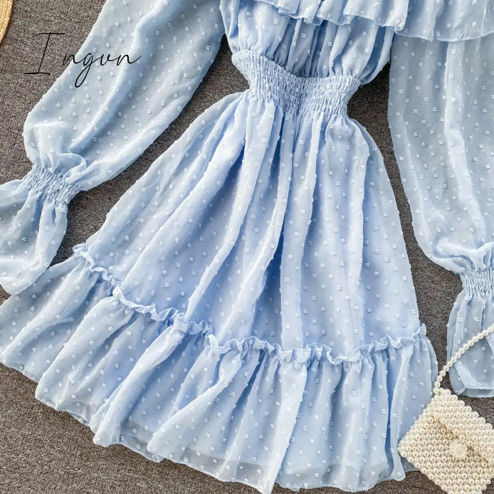 Ingvn - Spring Outfits Sexy ruffles Summer off shoulder short dress spaghetti strap Party elastic waist dress Women casual beach a-line dress