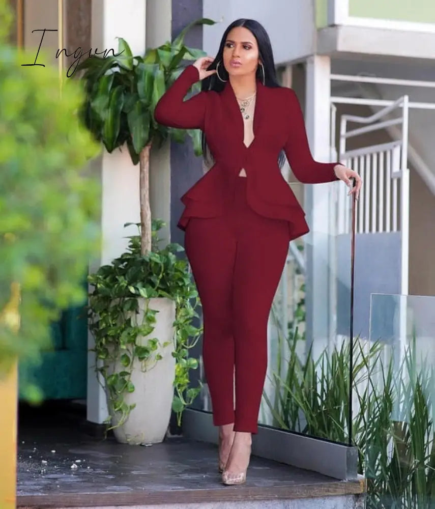 Ingvn - New Women Winter Women's Set Tracksuit Full Sleeve Ruffles Blazers Pencil Pants Suit Two Piece Set Office Lady Outfits Uniform