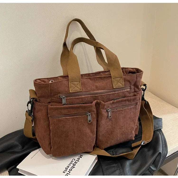Ingvn  Casual Corduroy Messenger Bags Large Capacity Commuter Mummy Portable Shoulder Bag Multi Layers Camping Tote Bags