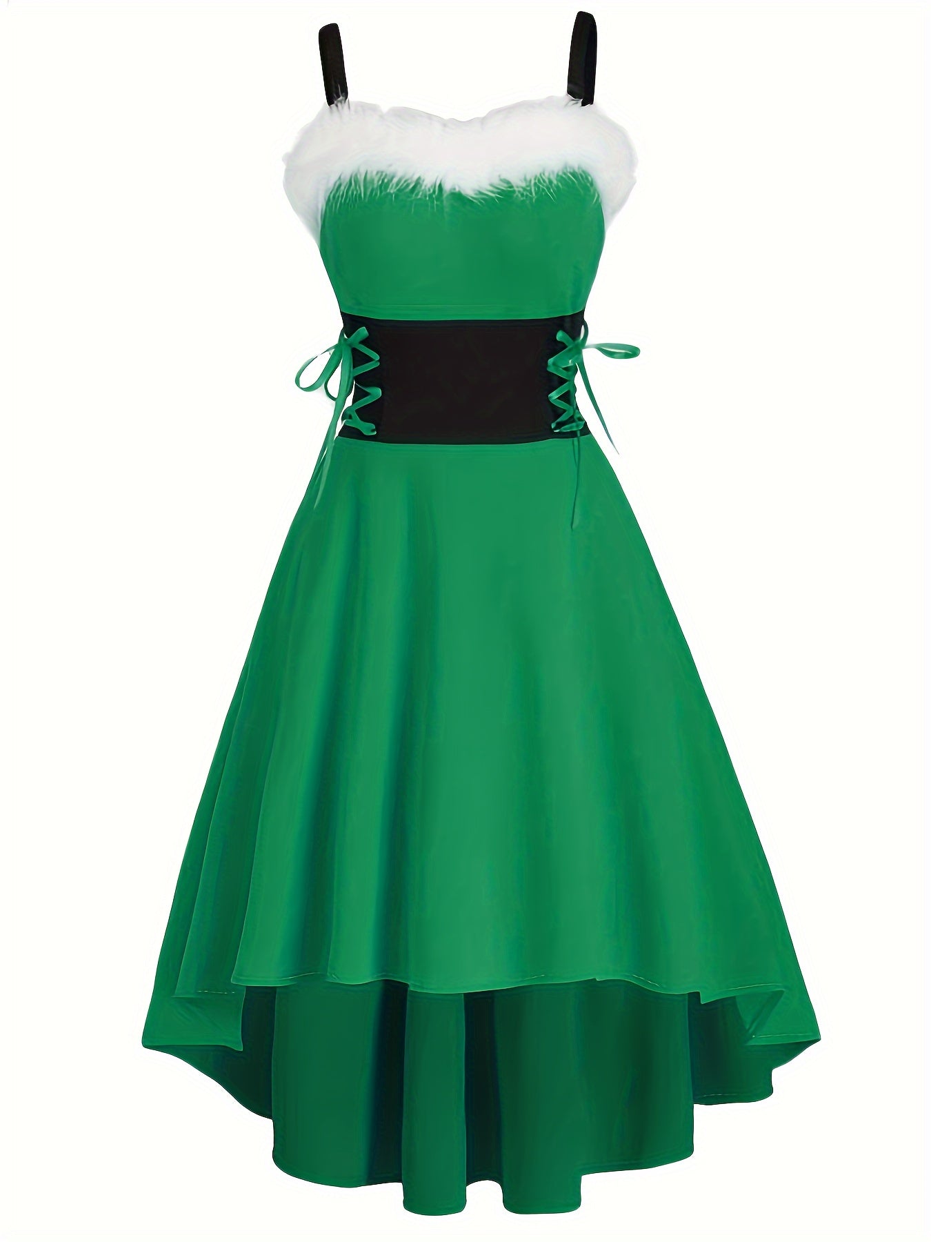 Vintage-Inspired Faux Fur Aline Swing Tank Dress - Contrast Trim, Asymmetrical Hem, Cross Tie Detail, Christmas Party Dress - Women's Clothing, Holiday Season Fashion