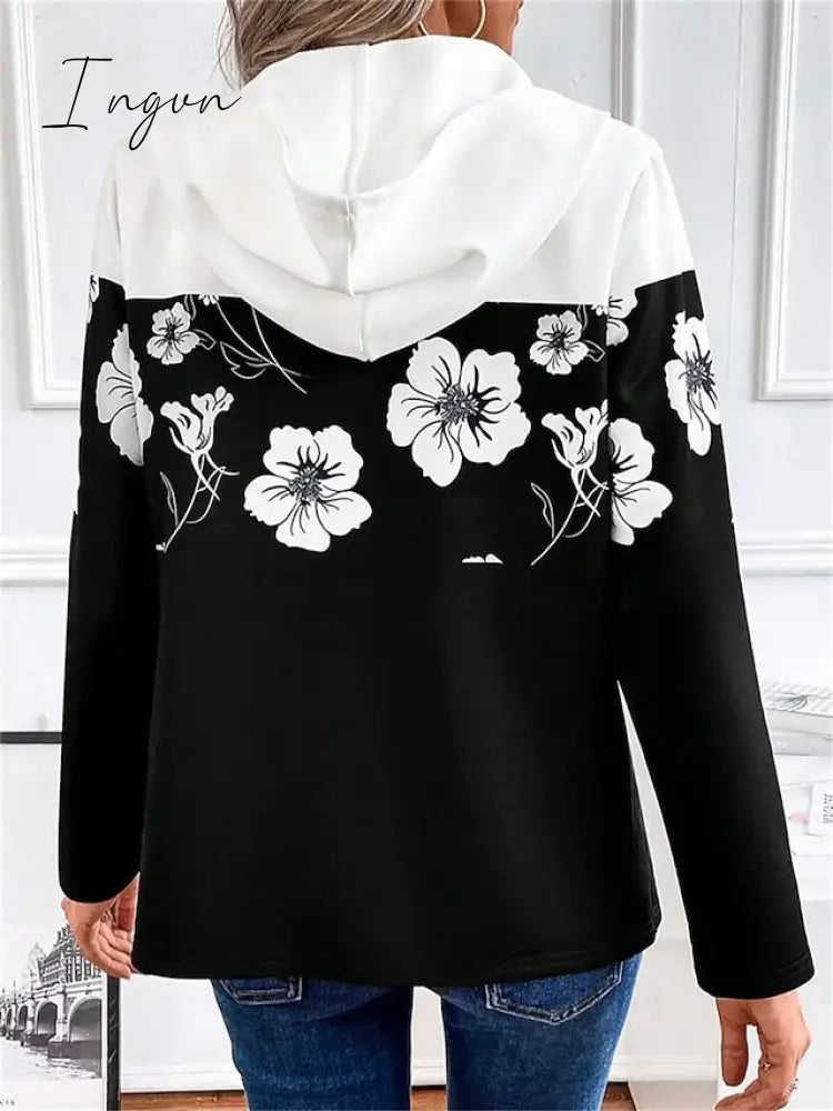 Ingvn - Women's Hoodie Sweatshirt Pullover Basic Quarter Zip Black Floral Casual Hoodie Long Sleeve Top Micro-elastic Fall & Winter