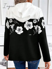 Ingvn - Women's Hoodie Sweatshirt Pullover Basic Quarter Zip Black Floral Casual Hoodie Long Sleeve Top Micro-elastic Fall & Winter