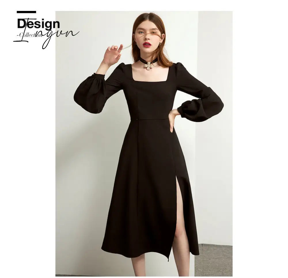 Ingvn - Black Retro Split Dress Women Elegant Midi Designer Dress Female Long Sleeve Hepburn Style Chiffon Vintage Dress Fall  Women