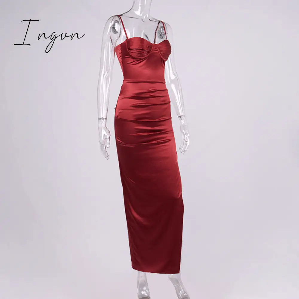 Ingvn - High Side Split Satin Dresses Women Spring Sexy Sleeveless Backless Party Outfit Solid Bodycon Black Evening Dress