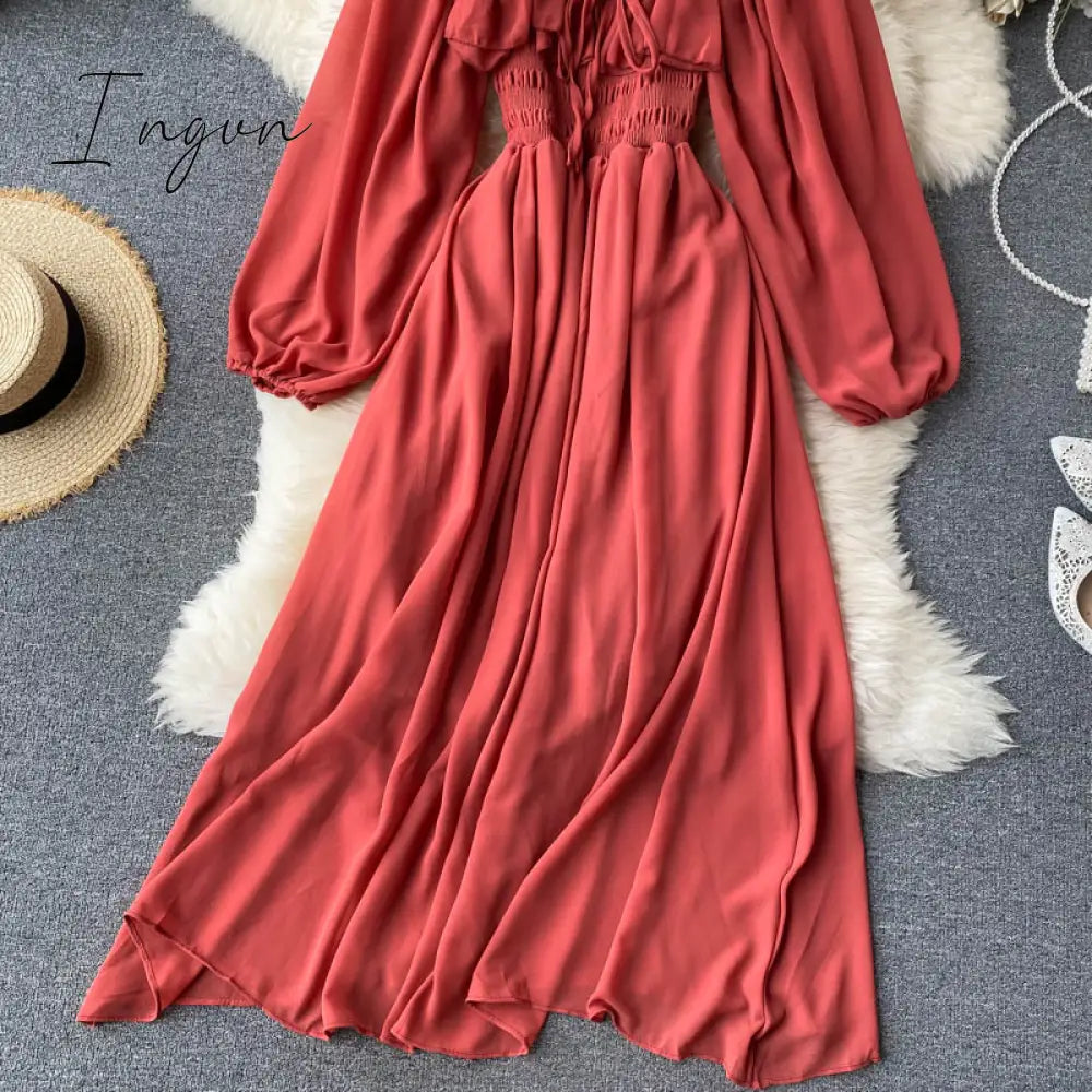 Ingvn - Woherb Chic Elegant Square Collar Maxi Dress Women Solid Chiffon Puff Sleeve Dresses Korean Fashion Vintage Ruffle Vestidos