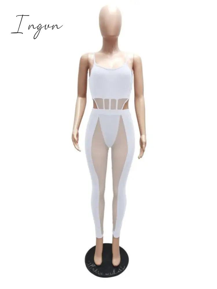 Ingvn - Sexy Mesh Sheer Spliced Two Piece Set Tracksuit Women Bodysuit Pants Summer Clothes Vacation Club Outfits Matching Sets
