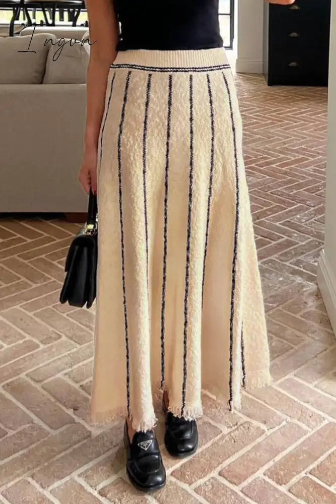 Ingvn - British Style Elegant Striped Tassel Patchwork High Waist Type A Patchwork Bottoms