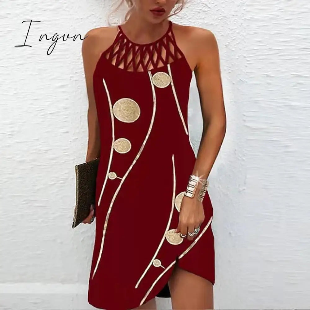 Ingvn - Women's Casual Dress Halter Neck Dress Midi Dress Leopard Black Wine Sleeveless Geometric Cut Out Summer Spring Halter Fashion Vacation 2023 S M L XL XXL 3XL