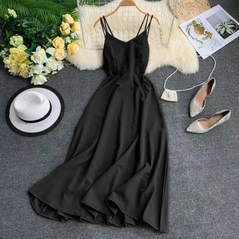 Ingvn - New-Coming Spring Summer Holiday Long Dress Cross Spaghetti Strap Open Back Beach Style Ankle-Length Women Dresses