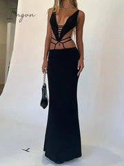 Ingvn - Sexy Bandage Hollow Out Slip Maxi Dress for Women Party Club Elegant Outfits Summer Holiday Backless Dresses Slim