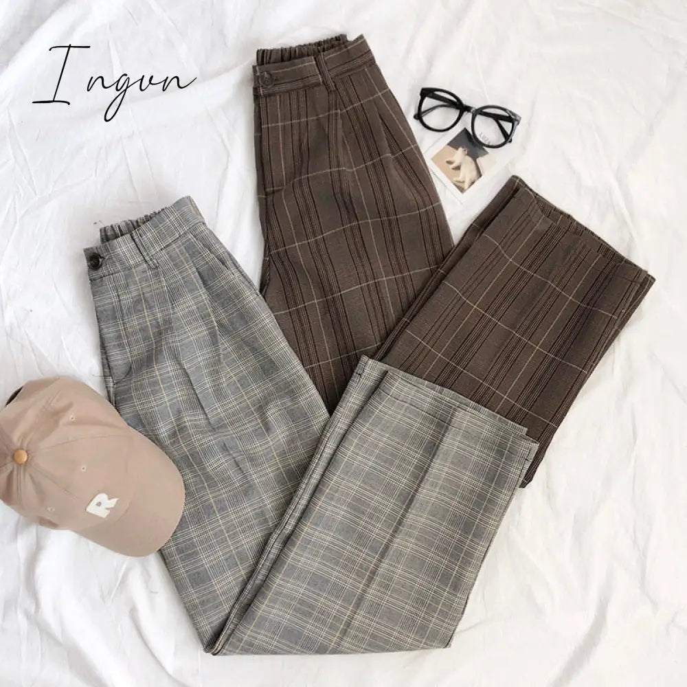Ingvn - Spring Women Pants Plaid High Waist Dropping Feeling High Waist Wide Leg Long Suit  Pants