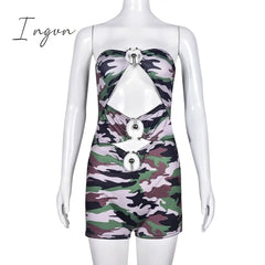 Ingvn - Sexy Camouflage Print Strapless Corset Bodycon Playsuits Women Backless Cut Out Shorts Jumpsuit 2023 Summer Harajuku Y2K Clothes