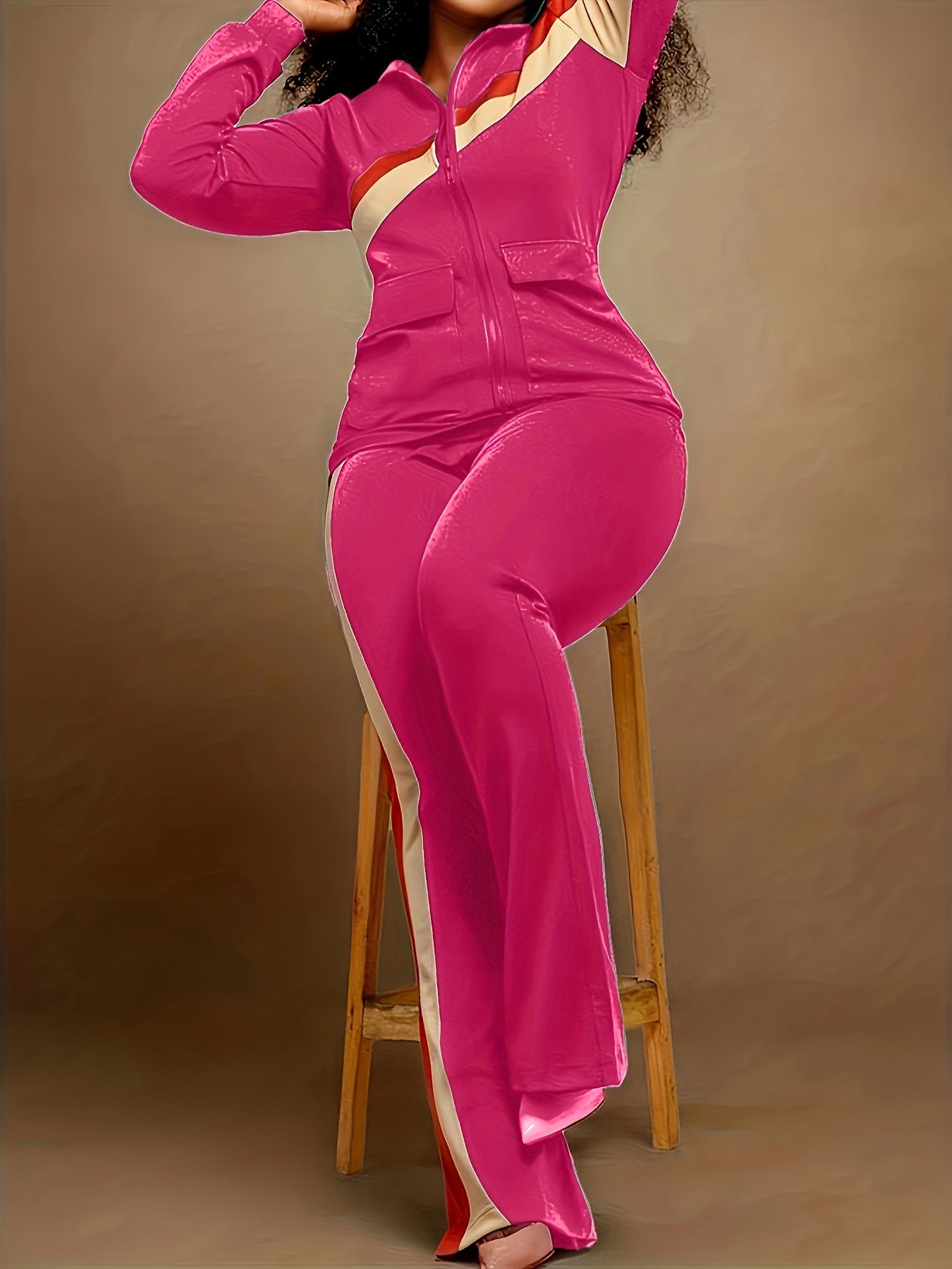 Two-piece Set, Long Sleeve & Long Length, Zip Up, Striped Print Retro Outfits, Women's Clothing