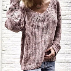 Ingvn - 2023 Casual Women Loose Solid Color Knitted Sweater V Neck Long Sleeve Top Women Clothing Pull Femme
