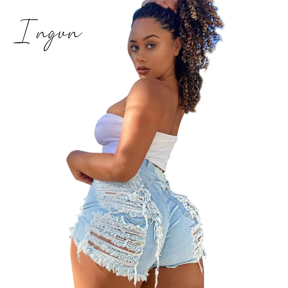 Ingvn - New Summer Ripped Hole Hollow Out Jeans For Women High Waist Sexy Tassels Cut Open Button Slim Denim Shorts Pants