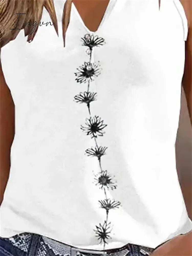 Ingvn - Women's Tank Top Black White Green Floral Print Sleeveless Casual Holiday Basic V Neck Regular Floral S