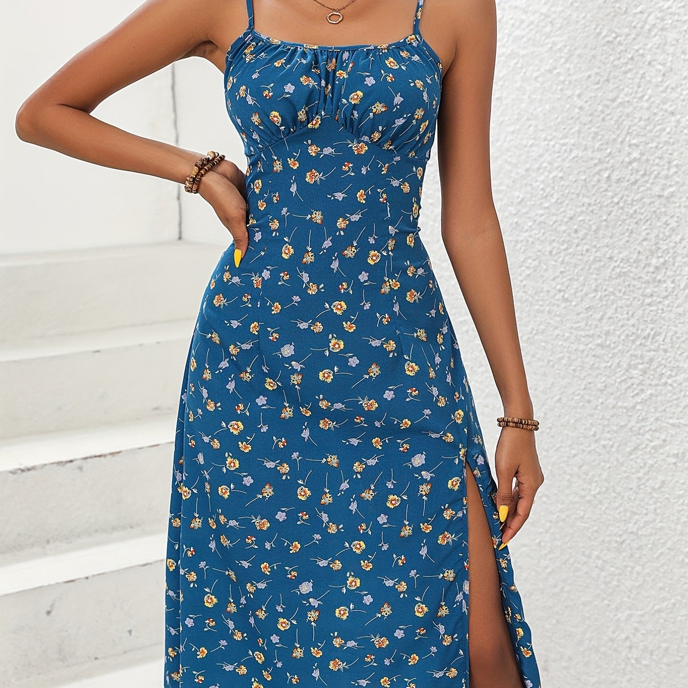 Vibrant Floral Print Adjustable Spaghetti Strap Dress - Alluring Split Backless Cami Style - Perfect for Everyday Fashion, Womens Casual Wear