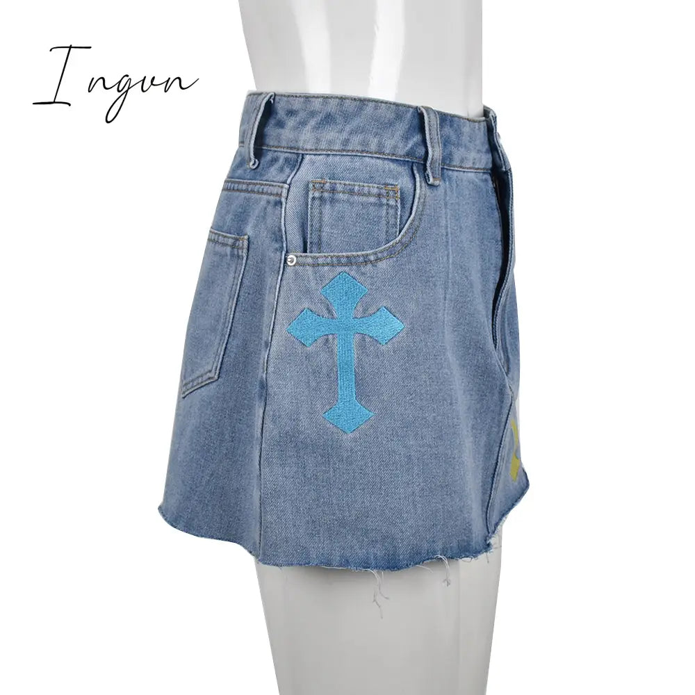 Ingvn - Womens Fashion Denim Skirt Pattern Emboridery Tassel Pocket Zipper Straight Hot Women Bottoms Holiday Vocation Casual Wear Y2k Clothes