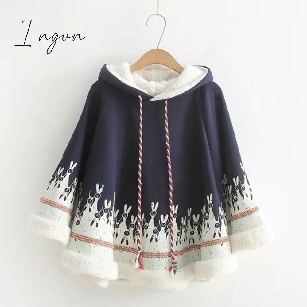 Ingvn - Lolita Cloak Harajuku Hoody Cloak Japanese Angry Cat Christmas Deer Fleece Cape Loose Pullover Batwing Sleeve Hoodie Coat