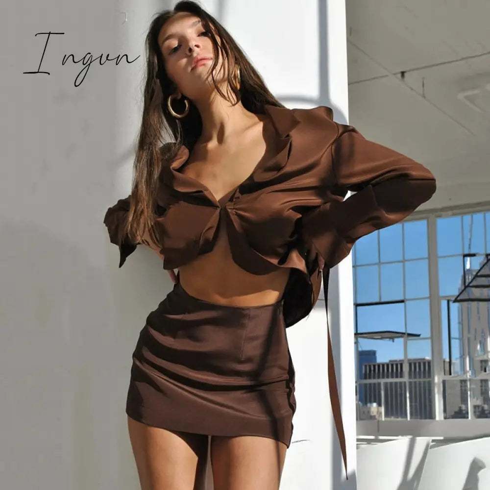Ingvn - Turn-down Collar Button Women Two Piece Set Brown Long Sleeve Top High Waist Skirt Women Autumn Sexy Slim Office Outfits