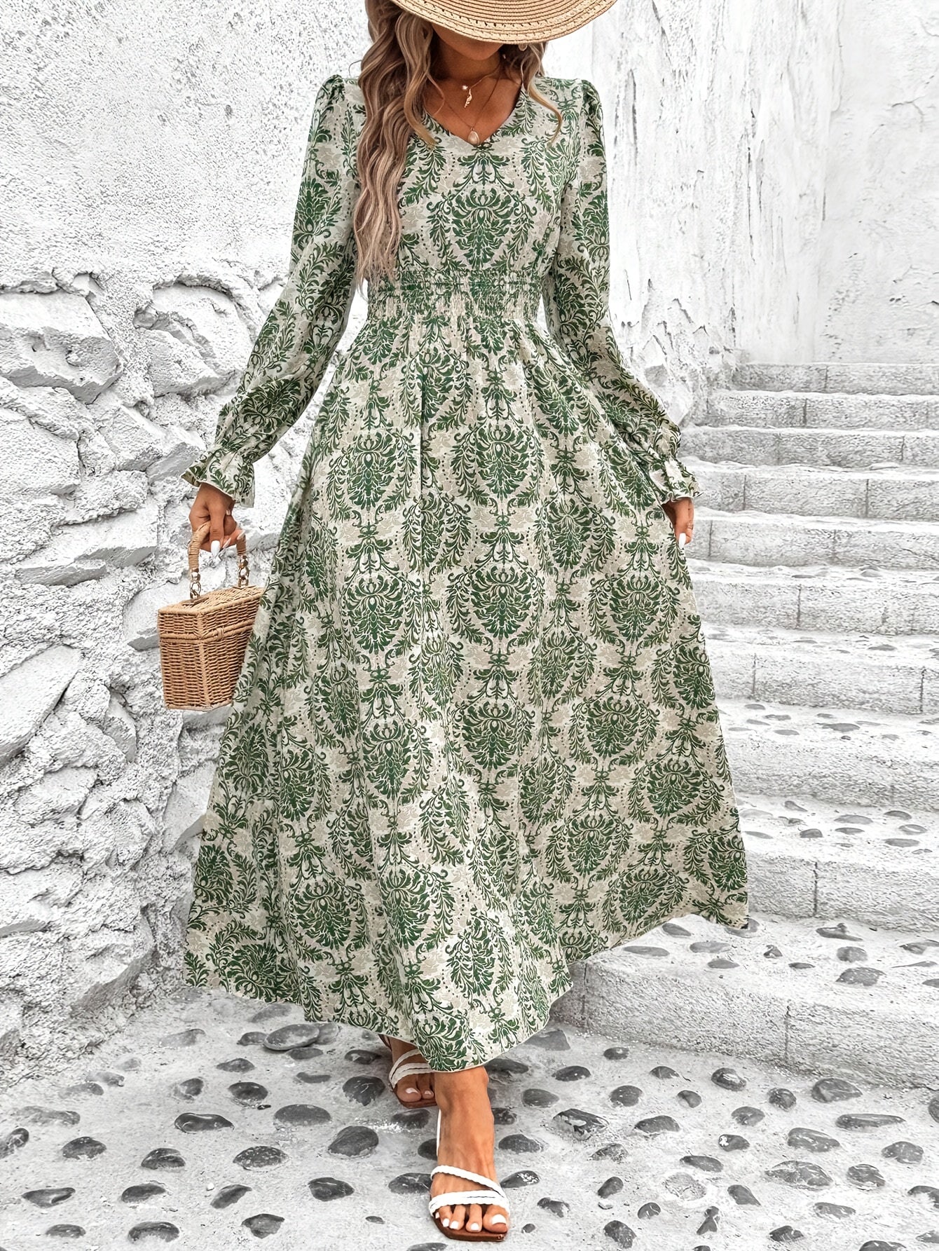 Paisley Print V Neck A-line Dress, Elegant Cinched Long Lantern Sleeve Dress For Spring & Fall, Women's Clothing