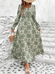 Paisley Print V Neck A-line Dress, Elegant Cinched Long Lantern Sleeve Dress For Spring & Fall, Women's Clothing
