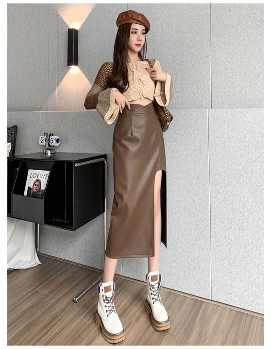 Midi Split PU Leather Skirt Women Autumn Winter Black Sexy Bodycon Fashion Party Ladies Pencil Skirts Ladies Pocket