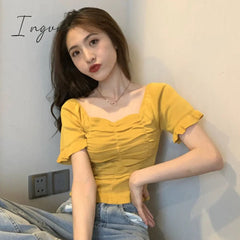 Ingvn - Knitted Fashion Blouse Woman Ruffle Youth Elegant Blouse Summer Crop top Sexy Slim fit Shirt Short sleeve