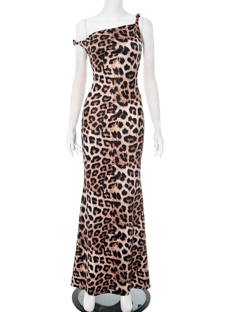 Leopard Print Incline Shoulder Sexy Maxi Dress Women Fashion Irregular Sleeveless Backless Club Party Long Dress