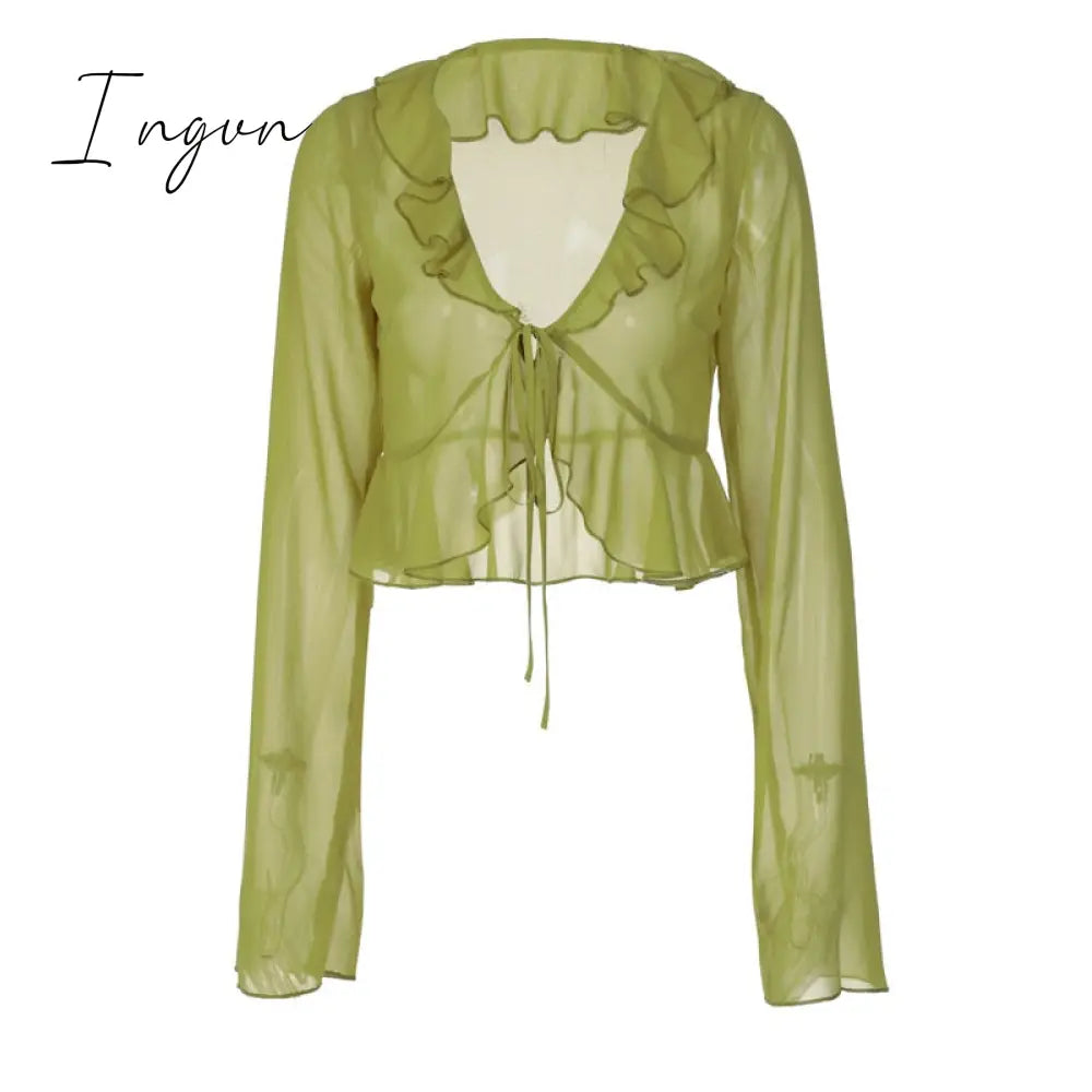 Ingvn - Summer Outfits Vintage 90s Streetwear Ruffles Trim Green Chiffon T-shirts Y2K Fashion Sexy Deep V Lace Up Long Sleeve Tops Transparent