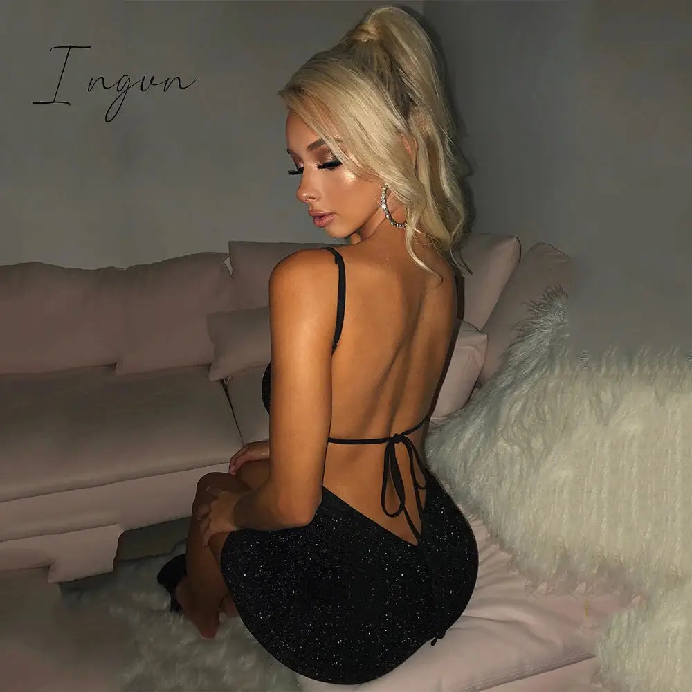 Ingvn - Bling Glitter Sequin Women Strap Mini Dress Ruched Lace Up Backless Bodycon Sexy Party Club Autumn Winter Elegant