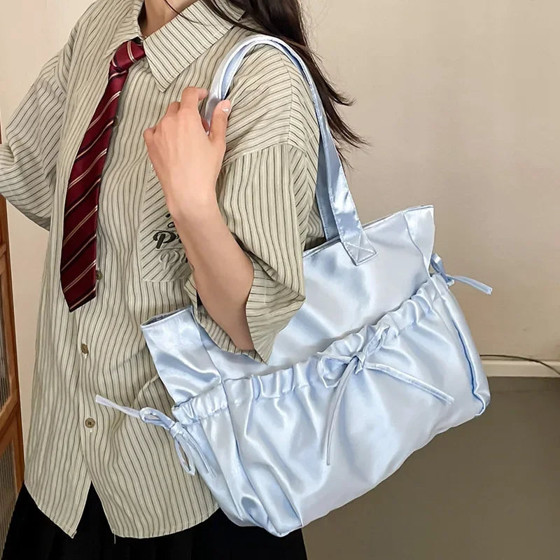 Ingvn  Elegant Bow Womens Shoulder Bag Nylon Pleated Korean Style Fashion Tote Bag Large Capacity Cute Pink Sweet Female Handbag
