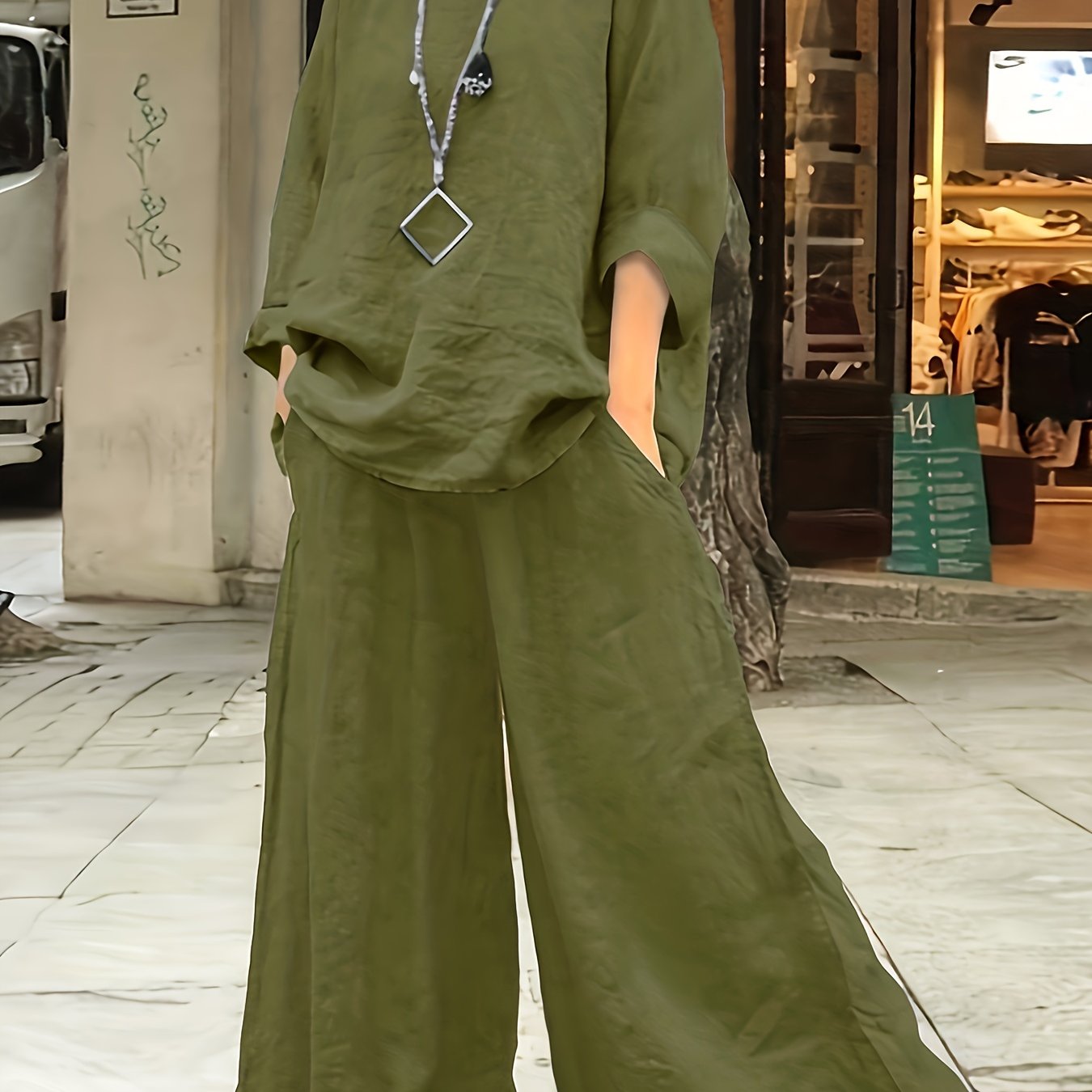 Plus Size Casual Outfits Set, Women's Plus Solid Round Neck Long Sleeve Top & Wide Leg Pants With Pockets Outfits Two Piece Set