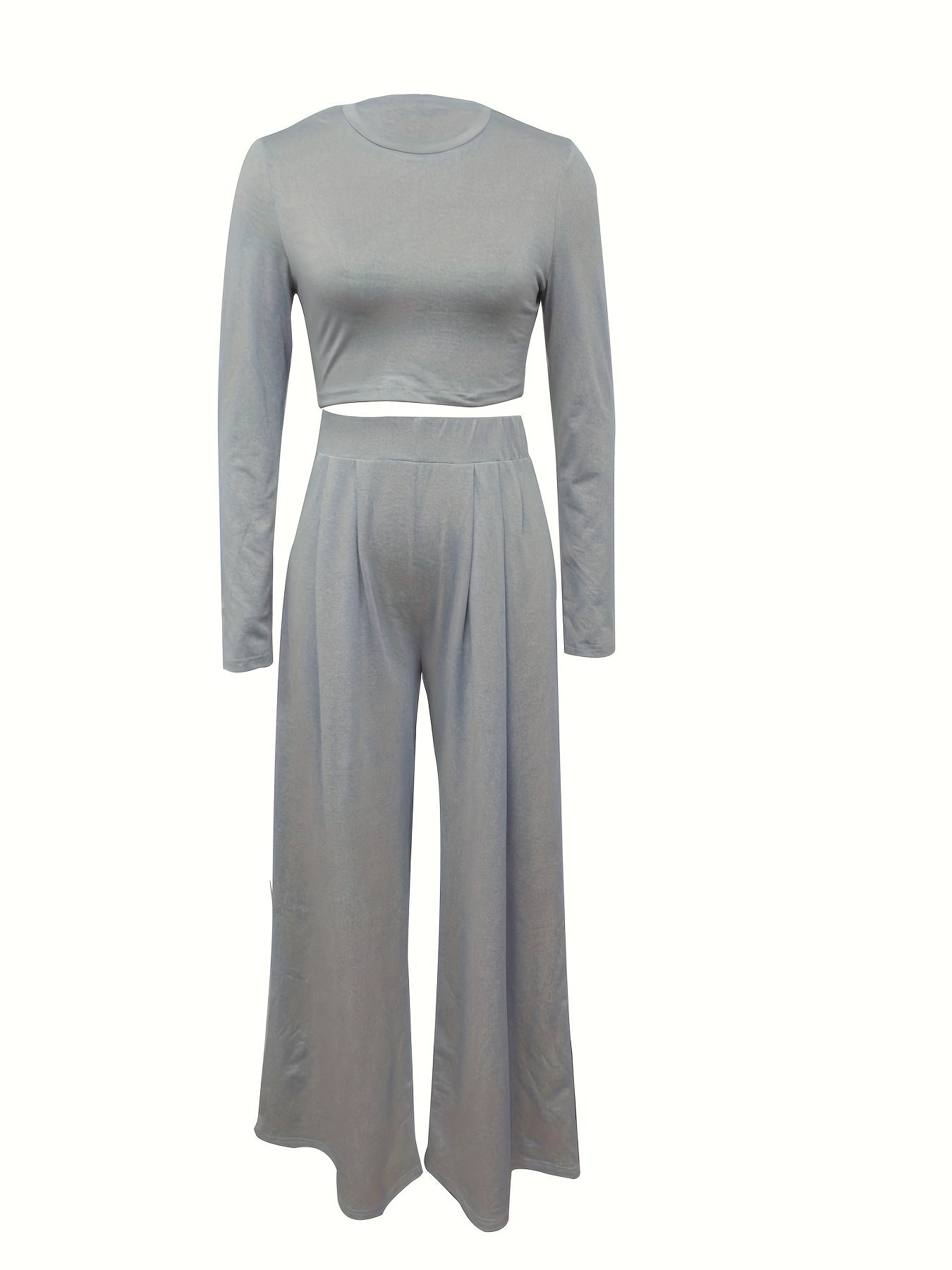 Two-piece Long Sleeve & Long Length Solid Casual Crew Neck Outfits, Women's Clothing Set