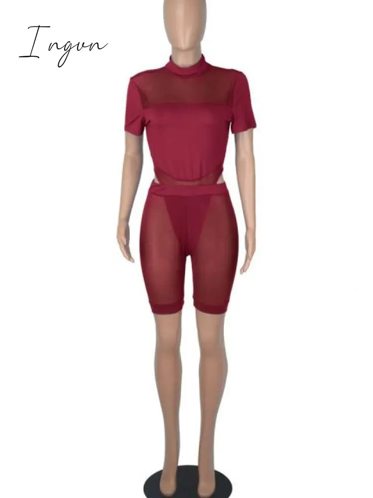 Ingvn - Sexy Mesh Sheer Spliced Two Piece Set Tracksuit Women Bodysuit Pants Summer Clothes Vacation Club Outfits Matching Sets