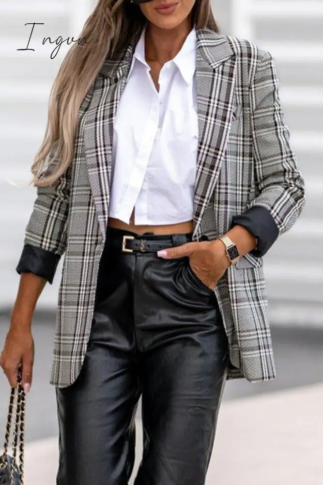 Ingvn - British Style Plaid Patchwork Turn-back Collar Outerwear