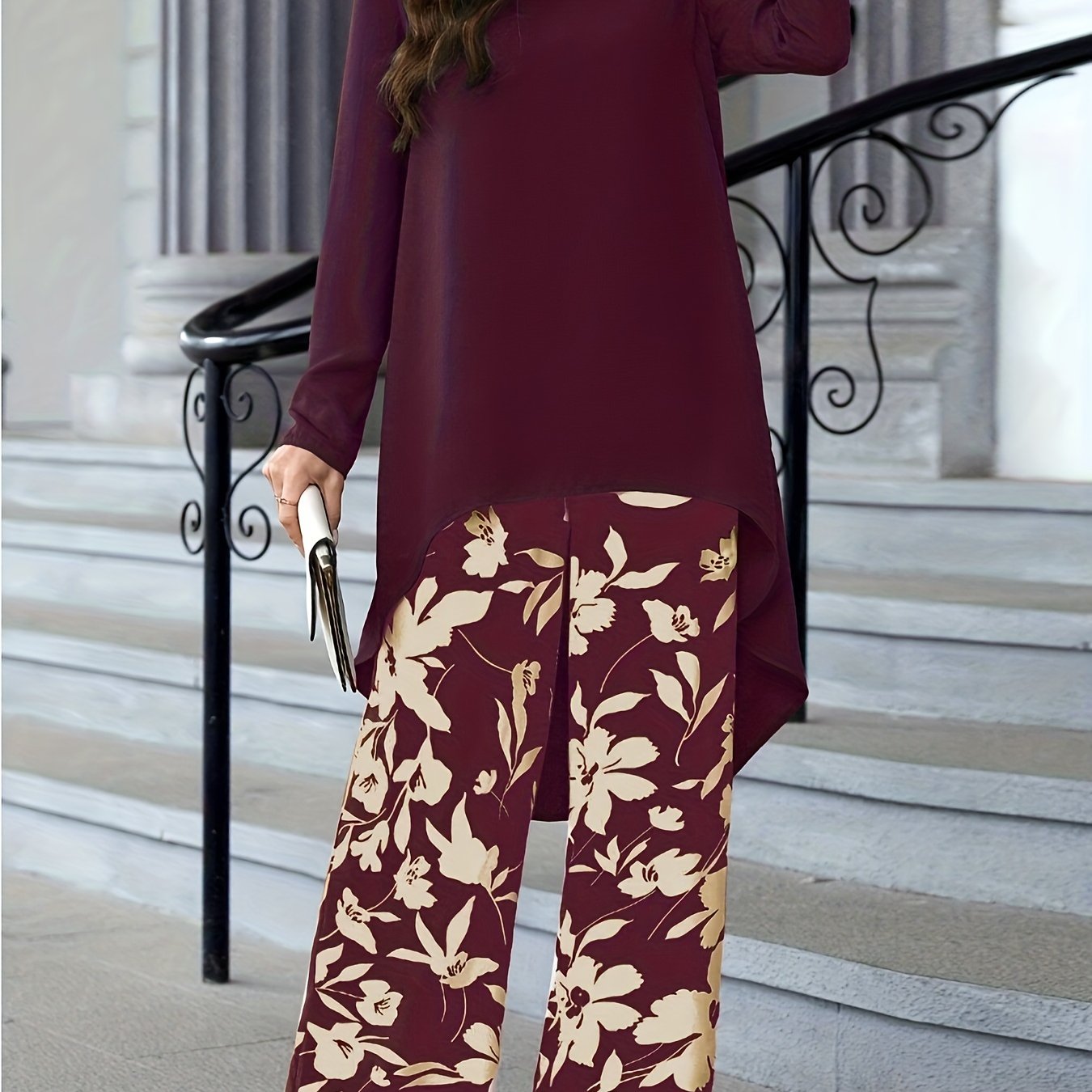 Two Piece Set: Solid Long Sleeve Crew Neck Top & Floral Print Wide Leg Pants for Spring & Fall, Women's Elegant Outfits
